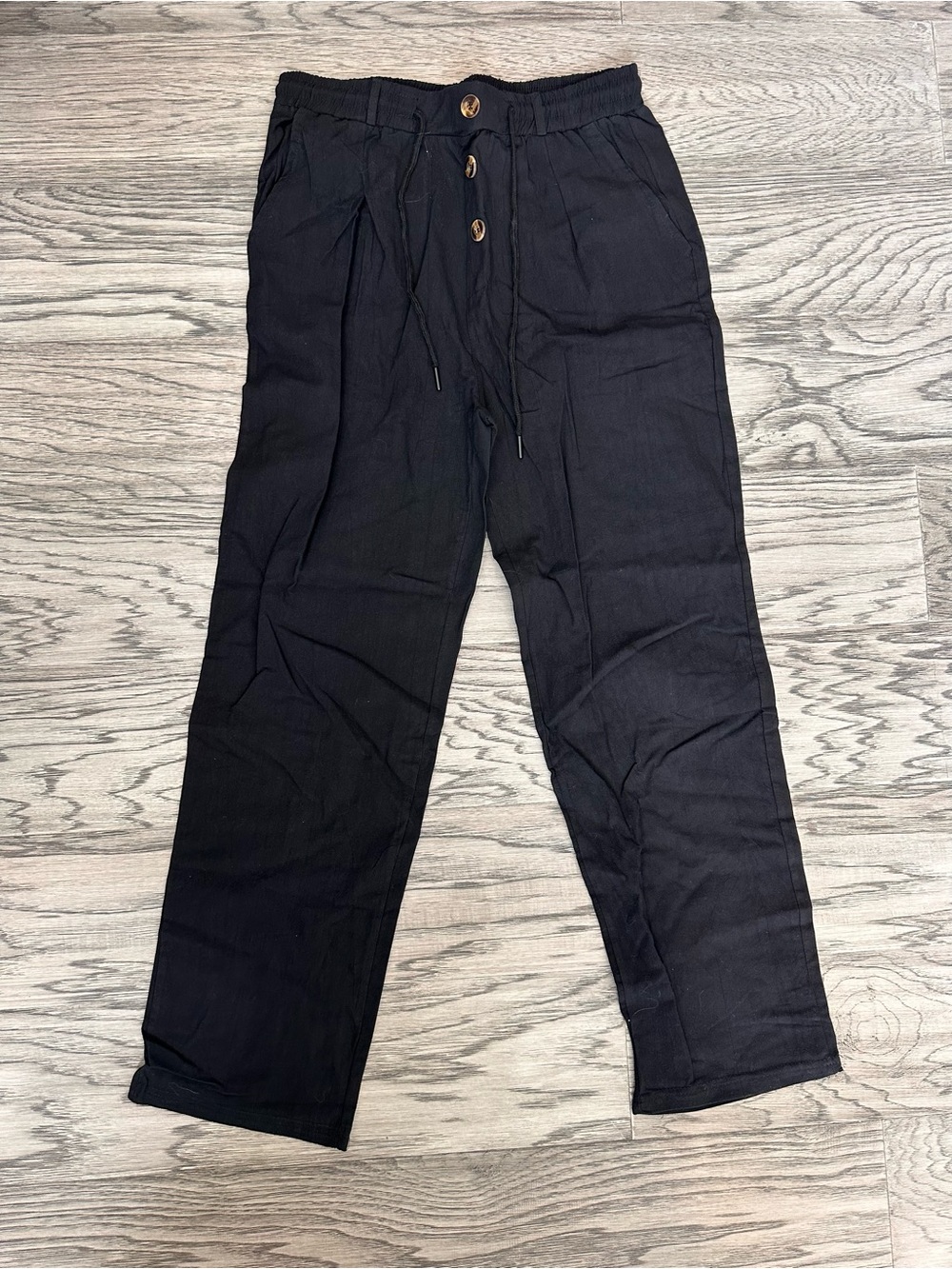 Men's Black Drawstring LINEN Button-Front Casual Pants